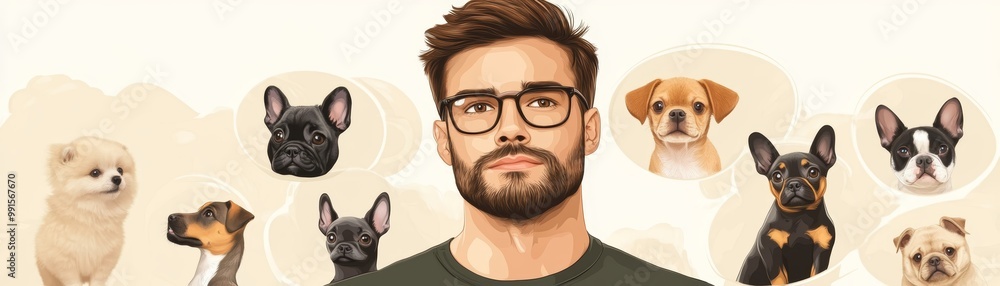 A fashionable man with glasses surrounded by diverse dog breeds, showcasing a love for pets and style in a modern illustration. A fashionable man with glasses surrounded by diverse dog breeds, showcasing a love for pets and style in a modern illustration.