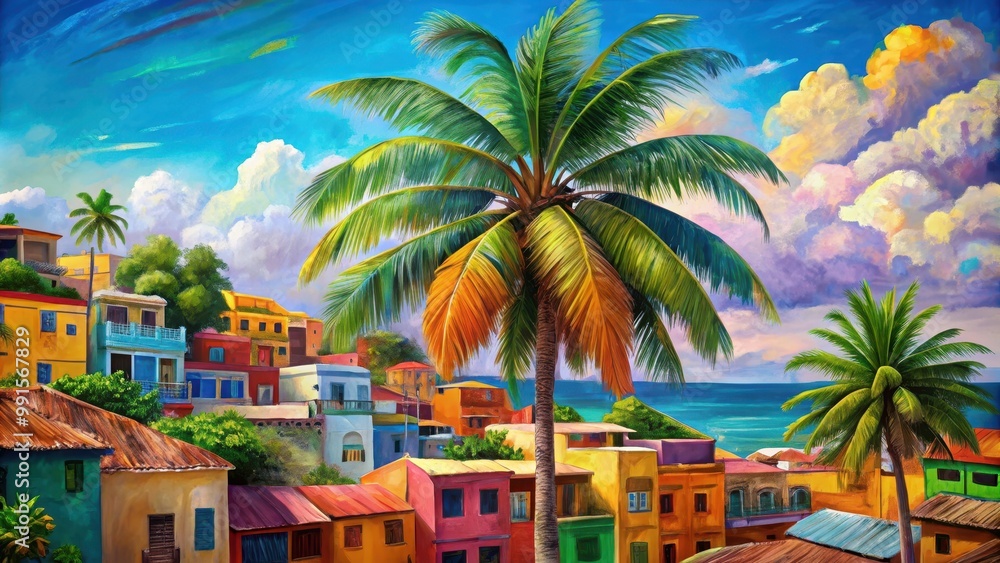Fototapeta premium Vibrant painting of a tropical town with a colorful palm tree in the foreground , Town, palm tree, vibrant, painting, colorful