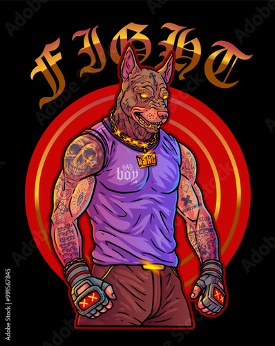 Vector print for t-shirt. Pumped up pit bull with a scurvy body covered with tattoos. Pitbull athlete, gangster with gold chain on his neck and tattoos with skulls. Professional Fighter