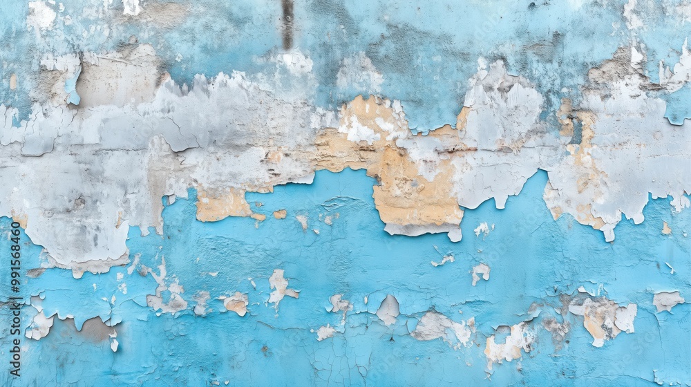 Obraz premium This image showcases a weathered blue wall with peeling paint, revealing layers of decay and erosion, giving an artistic texture that highlights urban decay and passage of time.