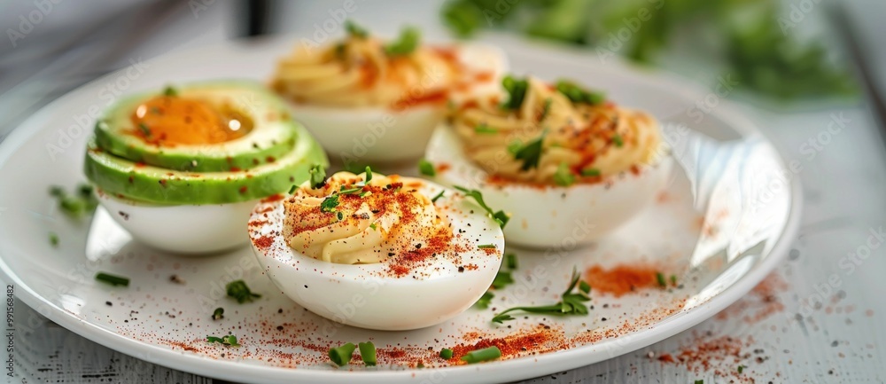 Stuffed eggs with avocado and spices on a white plate Stuffed eggs with avocado and spices on a white plate