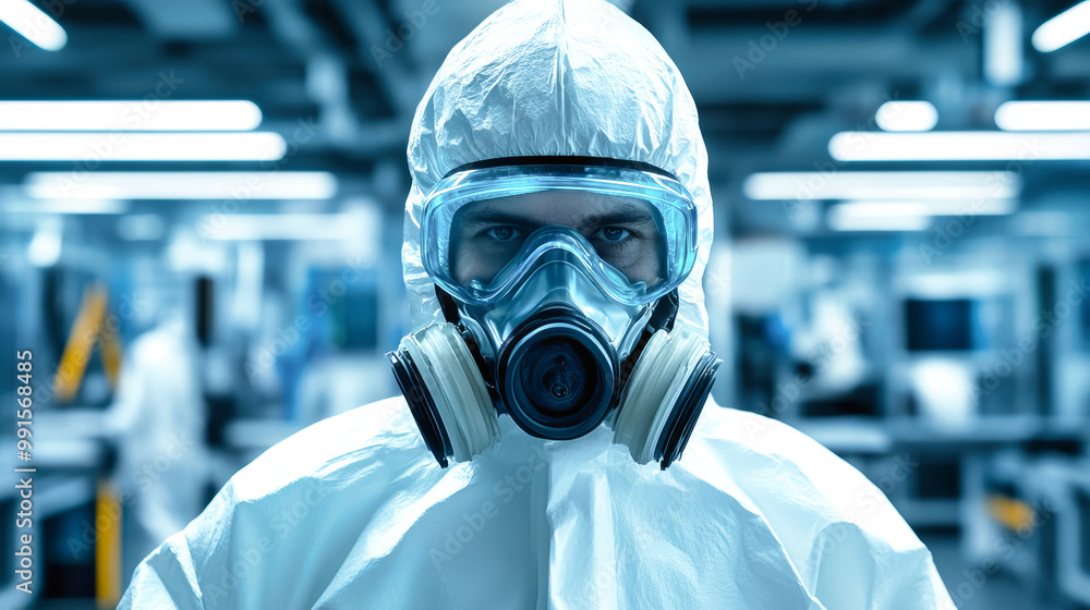 A man clad in a detailed industrial hazmat suit and gas mask stands against advanced lab equipment, illuminated by LED reflections enhancing visibility A man clad in a detailed industrial hazmat suit and gas mask stands against advanced lab equipment, illuminated by LED reflections enhancing visibility