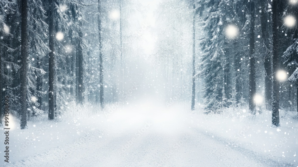 Fototapeta premium A serene winter landscape showcasing a snow-covered road surrounded by tall trees, evoking tranquility and natural beauty.