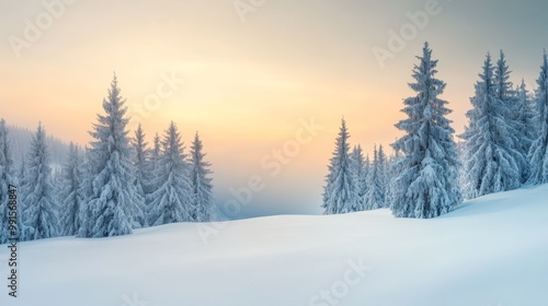 Wallpaper Mural A serene winter landscape featuring snow-covered trees under a soft pastel sky at dawn, evoking tranquility and peace. Torontodigital.ca
