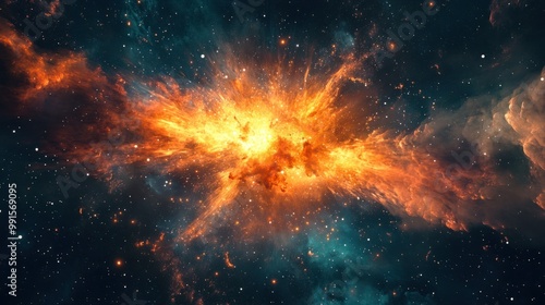 Fiery explosion of gases and dust particles in deep space, representing the birth of the universe through the Big Bang