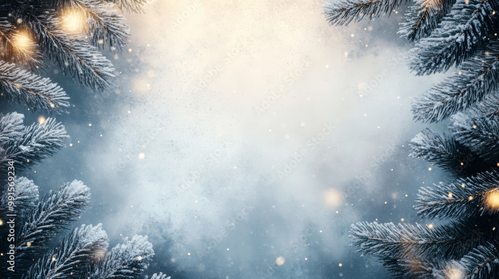 A serene winter scene featuring snow-covered pine branches against a dreamy background filled with soft light and snowflakes. A serene winter scene featuring snow-covered pine branches against a dreamy background filled with soft light and snowflakes.