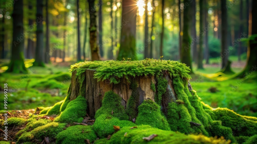 Green moss flourishing on abandoned tree stump in serene European woodland forest Green moss flourishing on abandoned tree stump in serene European woodland forest