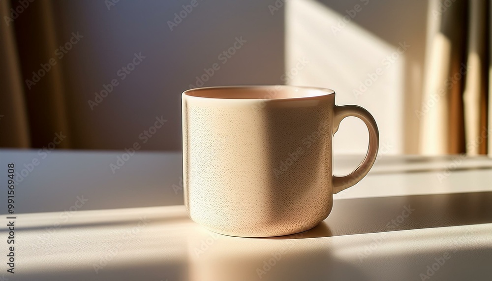 A dappled light beige mug sits on a bright surface, gracefully highlighted by the sun. The interplay of shadows and brightness accentuates its delightful texture and serene vibe A dappled light beige mug sits on a bright surface, gracefully highlighted by the sun. The interplay of shadows and brightness accentuates its delightful texture and serene vibe