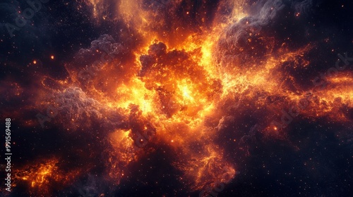 Fiery explosion of particles and gases in space, illustrating the intense moment of the universe's creation