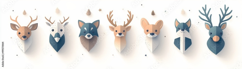 An artistic collection of decorative animal head sculptures featuring various deer and fox designs in modern colors. An artistic collection of decorative animal head sculptures featuring various deer and fox designs in modern colors.
