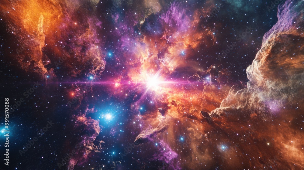 Glowing nebula and galaxy formations in a cosmic explosion scene, showing the moment of the Big Bang Glowing nebula and galaxy formations in a cosmic explosion scene, showing the moment of the Big Bang