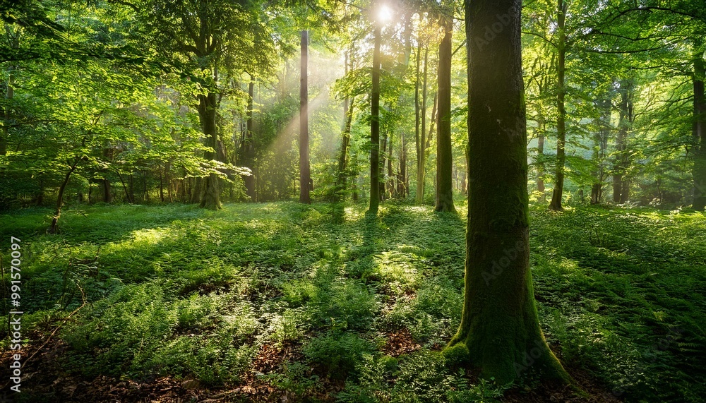 Obraz premium A lush and lively woodland where beams of sunlight filter through the dense canopy of green leaves