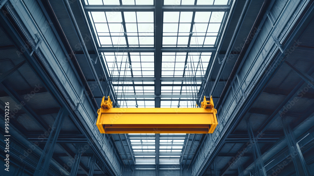 A bright yellow lifting block hangs from an overhead crane, showcasing modern industrial design against a backdrop of grey steel roofing A bright yellow lifting block hangs from an overhead crane, showcasing modern industrial design against a backdrop of grey steel roofing