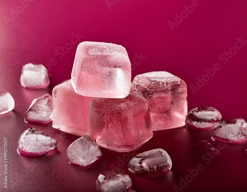 A selection of rosy ice cubes rests on a fuchsia surface near a mound of additional rosy ice fragments