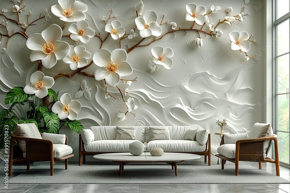 custom made wallpaper toronto digitalYellow and blue flowers highlighted on white background