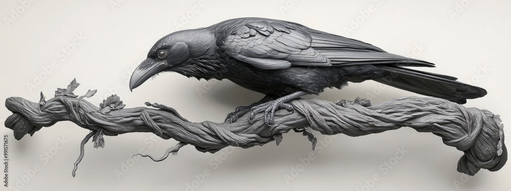 Black raven perched on a twisted branch, sharp beak glistening, soft dim moonlight behind Black raven perched on a twisted branch, sharp beak glistening, soft dim moonlight behind
