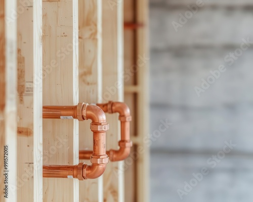 House with newly installed plumbing pipes and exposed interior walls, House Under Construction, Plumbing installation photo