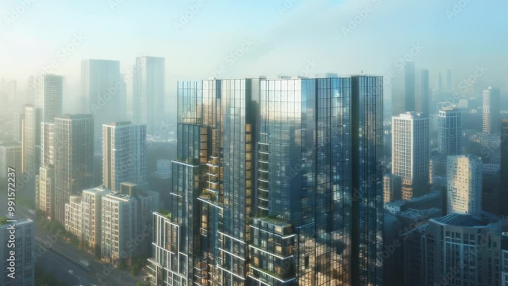 Sleek, modern high-rise exterior with mirror glass drone goes up hazy skyscrapers futuristic Sleek, modern high-rise exterior with mirror glass drone goes up hazy skyscrapers futuristic