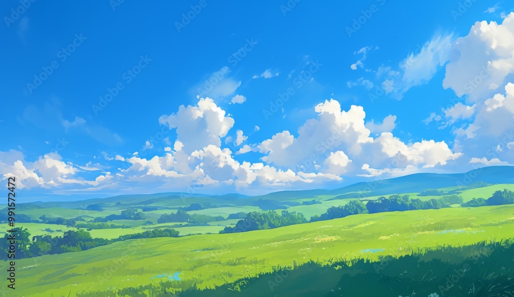 A blue sky with white clouds, grassy green hills, and a beautiful background.  