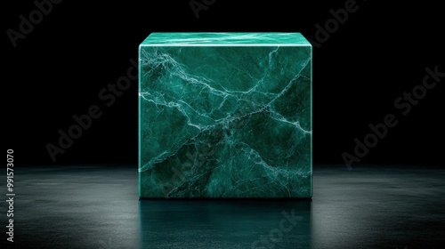 Green Marble Cube on Black Background