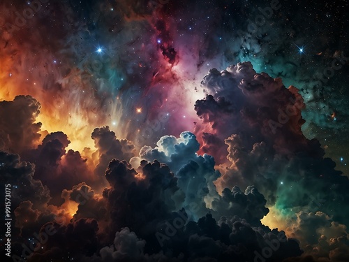 Celestial scene of clouds, stars, and nebulas.