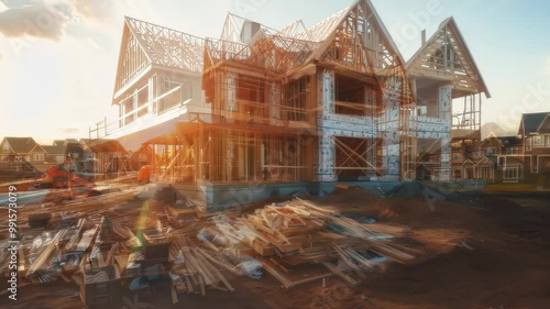 Real estate Under construction suburban home with the framework exposed, piles of building materials scattered around