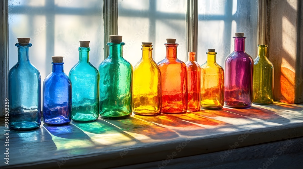 Colorful Glass Bottles Lined Up on Window Sill Colorful Glass Bottles Lined Up on Window Sill