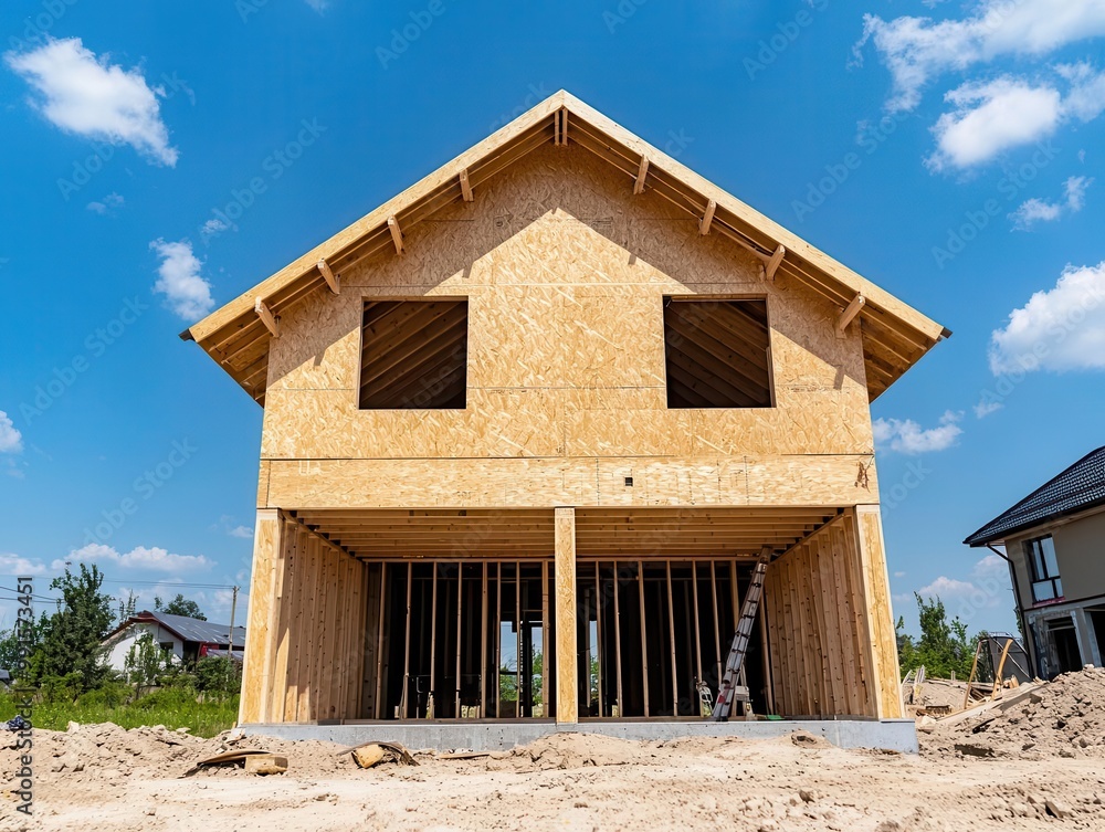 Two-story house with unfinished exterior and workers installing the roof, House Under Construction, Roof completion Two-story house with unfinished exterior and workers installing the roof, House Under Construction, Roof completion