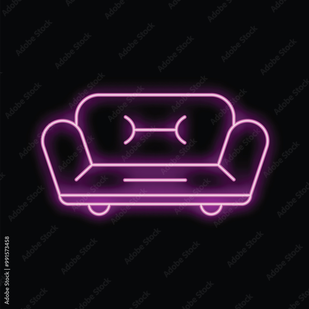 Purple neon sign is glowing in the dark in the shape of a sofa Purple neon sign is glowing in the dark in the shape of a sofa