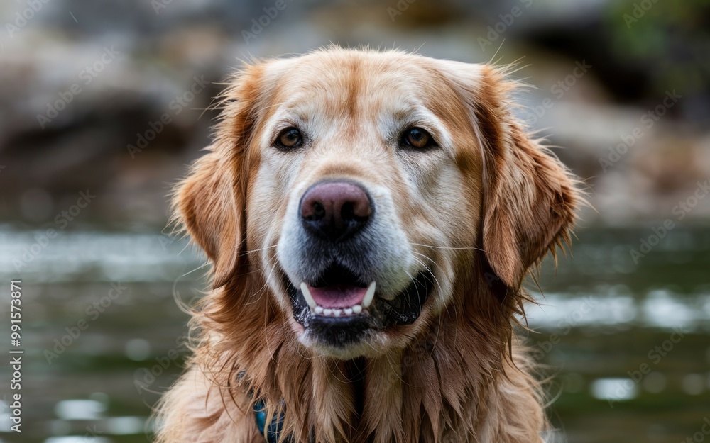 Golden retriever portrait. Close-up portrait of a golden retriever dog, showcasing its friendly and affectionate nature. The dog's eyes are bright, and its expression is relaxed and happy. Golden retriever portrait. Close-up portrait of a golden retriever dog, showcasing its friendly and affectionate nature. The dog's eyes are bright, and its expression is relaxed and happy.