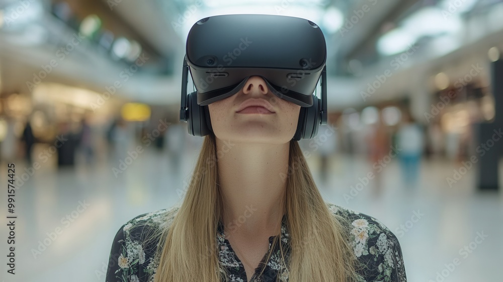 Person exploring virtual reality with a VR headset in a bright, modern indoor environment. Innovative technology experience. Person exploring virtual reality with a VR headset in a bright, modern indoor environment. Innovative technology experience.