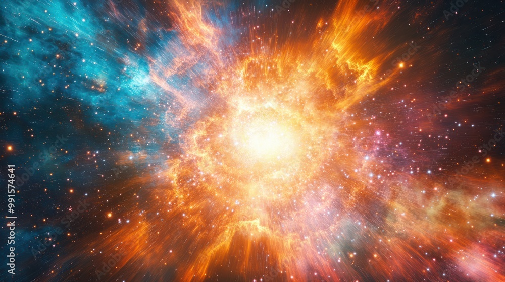 Vivid, colorful cosmic explosion with swirling gases and expanding stars, showcasing the Big Bang's intense energy Vivid, colorful cosmic explosion with swirling gases and expanding stars, showcasing the Big Bang's intense energy