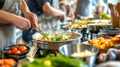 In a bustling kitchen class, participants of all ages immerse themselves in the art of cooking, sharing laughter while crafting vibrant, flavorful dishes