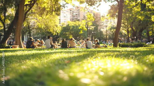 Fototapeta Naklejka Na Ścianę i Meble -  Enjoying a sunny day in a bustling city park with picnics, games, and social gatherings for all ages