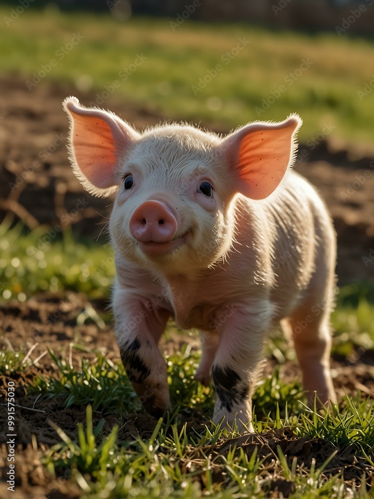 Cheerful piglet frolicking in a sunny farm setting. Cheerful piglet frolicking in a sunny farm setting.
