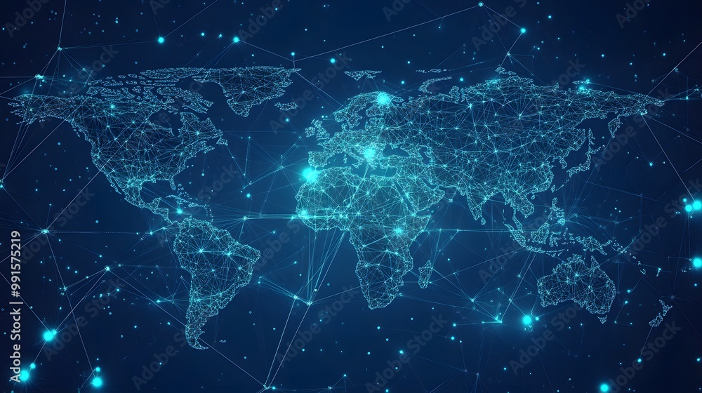 A Global Network of Interconnected Lines and Points Representing a World Map A Global Network of Interconnected Lines and Points Representing a World Map