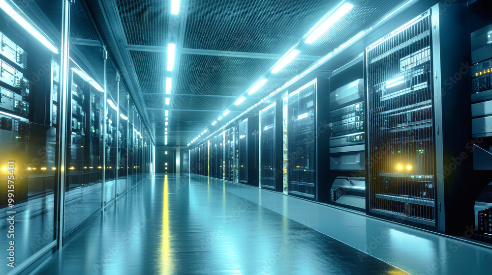 Inside a high-tech data center, rows of sleek servers light up the room, humming softly as they handle vast amounts of data with precision and efficiency Inside a high-tech data center, rows of sleek servers light up the room, humming softly as they handle vast amounts of data with precision and efficiency