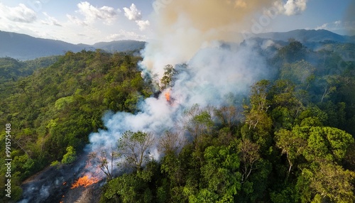 Bird's eye perspective of fire at jacks hill woods, kingston, jamaica, induced by rising temperatures and impacts of climate change photo