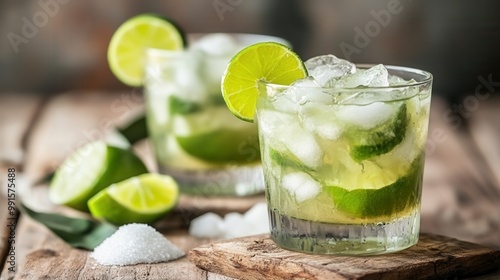 Refreshing summer cocktail with lime slices and crushed ice in a glass on a rustic wooden table. Perfect for hot days and casual gatherings.