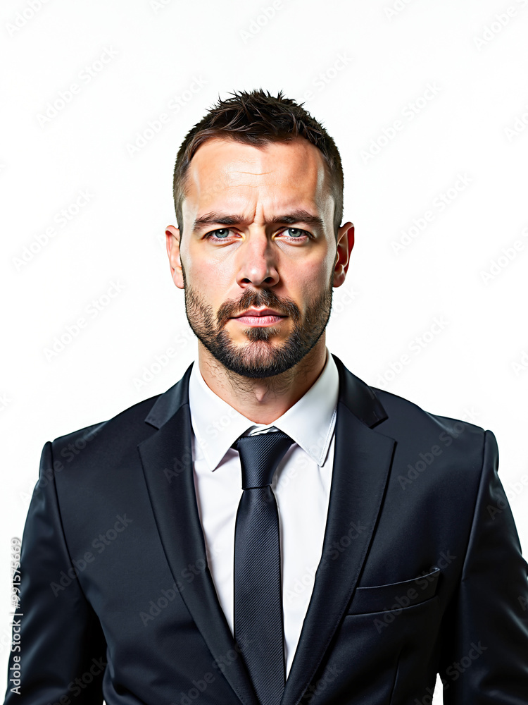 Seriously looking business man in suit, white shirt and tie looking directly into the camera. Isolated on white background. Waist up studio portrait Seriously looking business man in suit, white shirt and tie looking directly into the camera. Isolated on white background. Waist up studio portrait