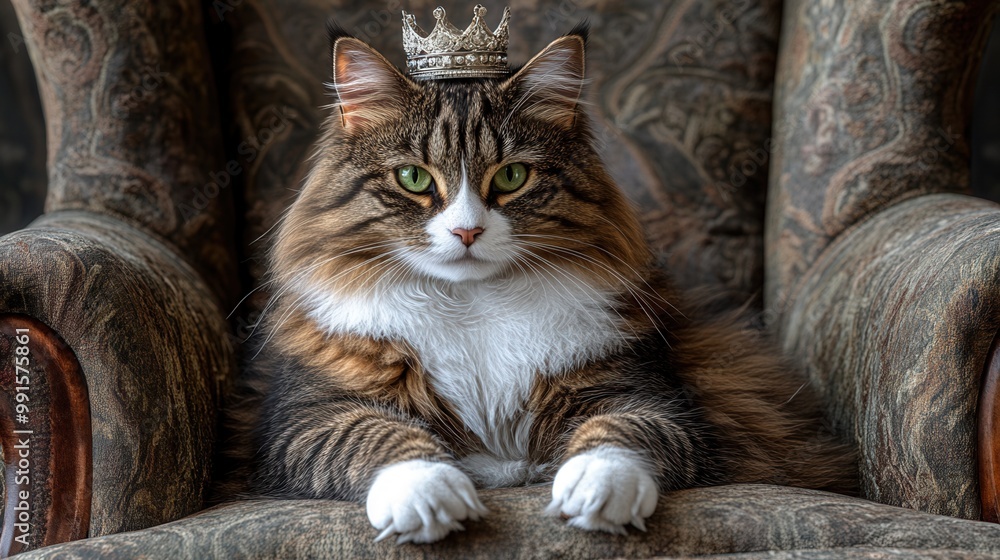 Regal Maine Coon cat wearing a tiny crown, sitting majestically on a vintage chair. Perfect for royalty, pet, and cat-themed projects. Regal Maine Coon cat wearing a tiny crown, sitting majestically on a vintage chair. Perfect for royalty, pet, and cat-themed projects.