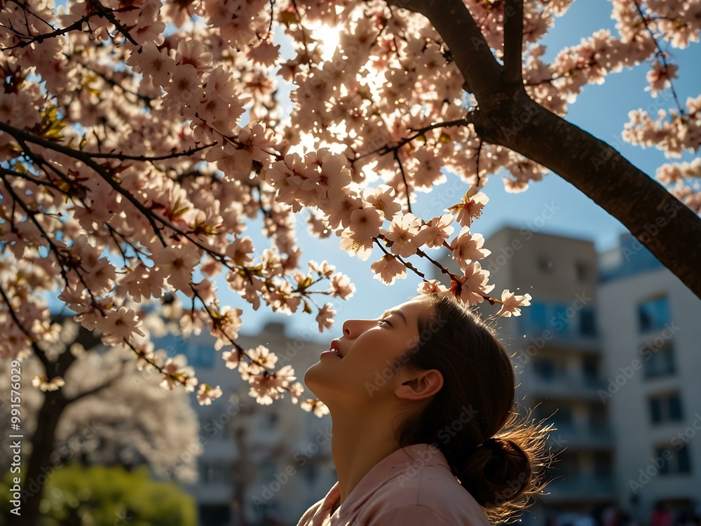 Cherry blossom petals fall gently as a person gazes upward, illuminated by sunlight filtering through the blossoms. Cherry blossom petals fall gently as a person gazes upward, illuminated by sunlight filtering through the blossoms.