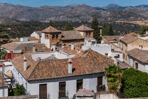 Aerial view of white houses in the ancient town of Ronda, Spain.