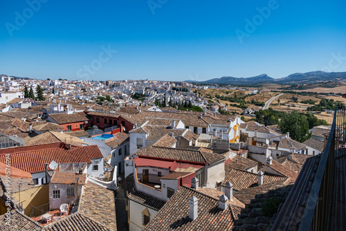Aerial view of white houses in the ancient town of Ronda, Spain.