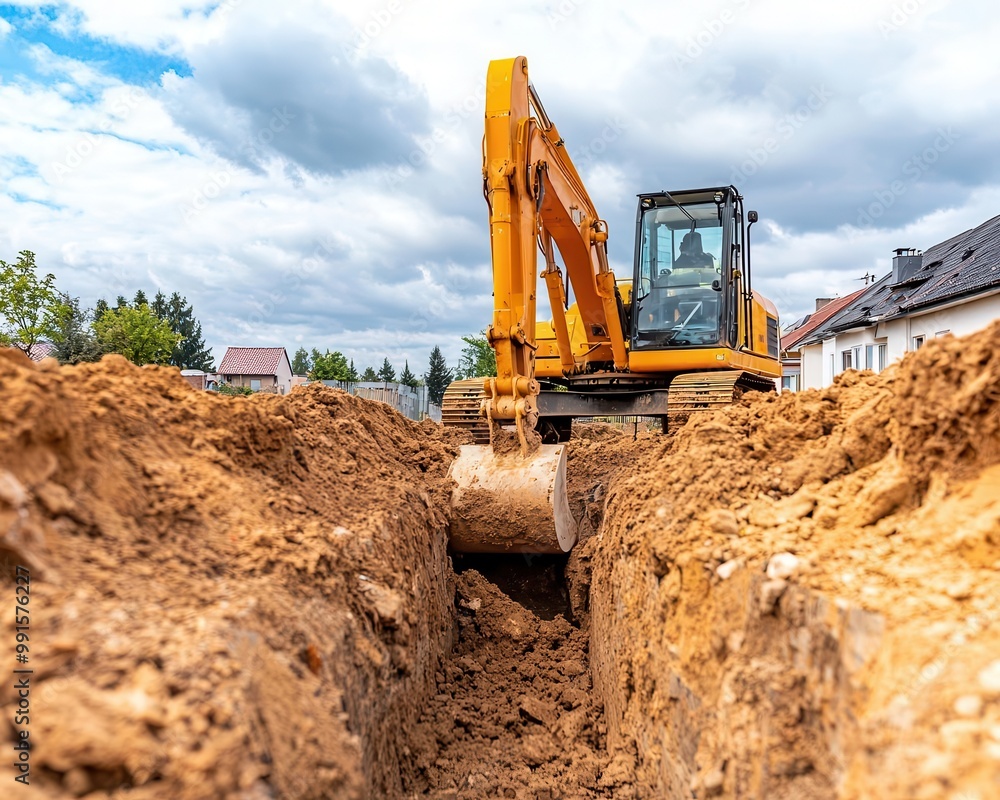Excavation site with a digger and a foundation trench, House Under Construction, Foundation digging Excavation site with a digger and a foundation trench, House Under Construction, Foundation digging