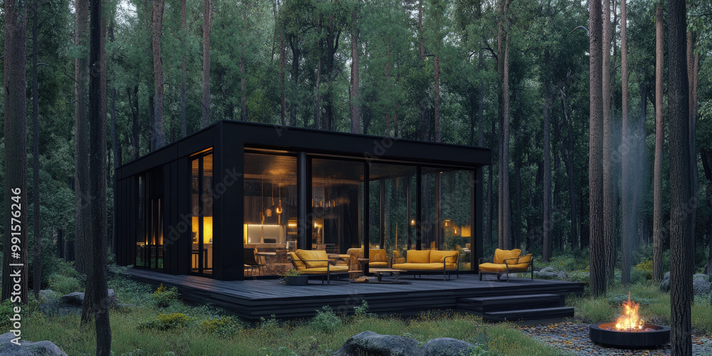 Obraz premium A modern cabin in the woods, with black wood and glass walls, a wooden terrace with a seating area, yellow chairs, a fireplace, and a cozy interior