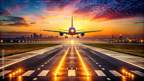 Runway in airport at sunset with shiny blurred lights of airplane jet aircraft in the background, aviation, runway, airport