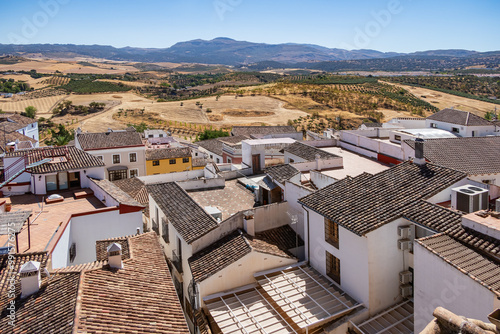 Aerial view of white houses in the ancient town of Ronda, Spain.