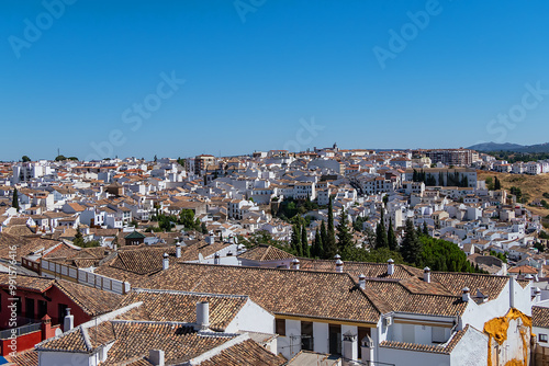 Aerial view of white houses in the ancient town of Ronda, Spain.