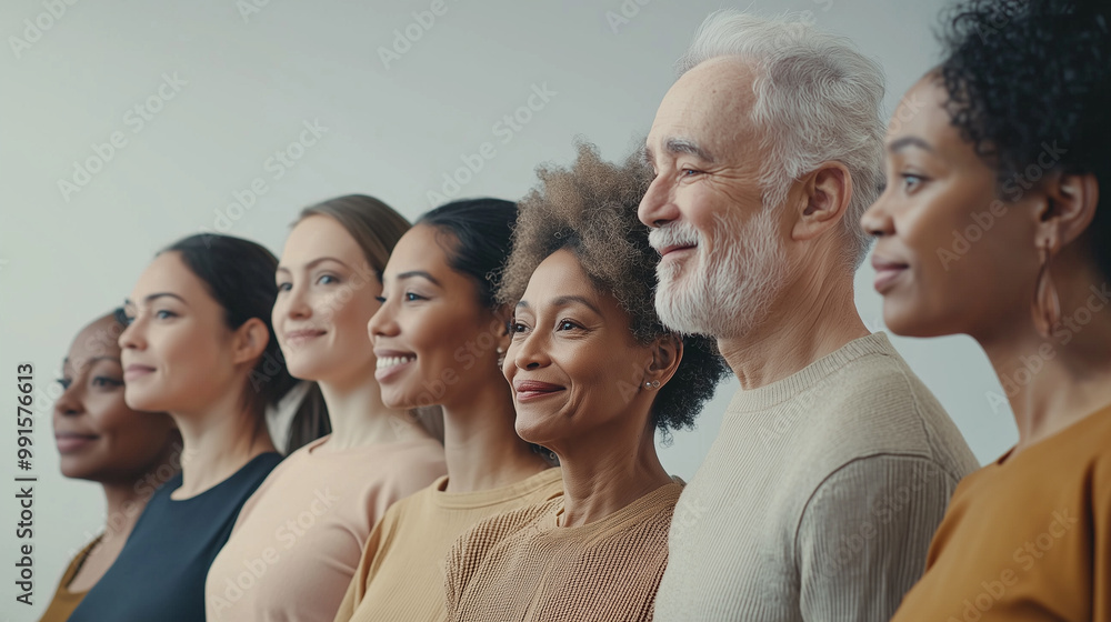 A diverse group of people of different ages, ethnicities, and body types standing together in a bright studio, smiling and interacting. Commercial advertising, background is clean, space for text A diverse group of people of different ages, ethnicities, and body types standing together in a bright studio, smiling and interacting. Commercial advertising, background is clean, space for text